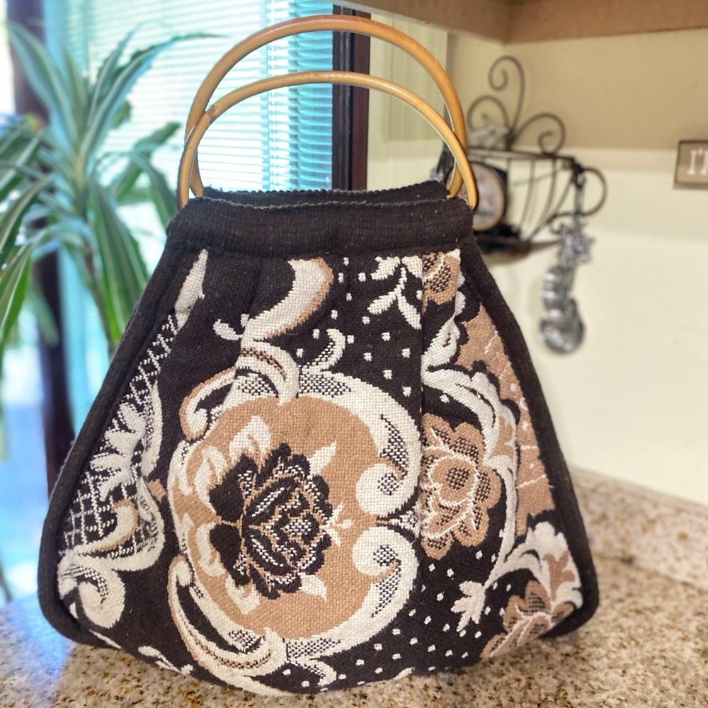 Vintage Knit Wool Purse with Wood Style Handles